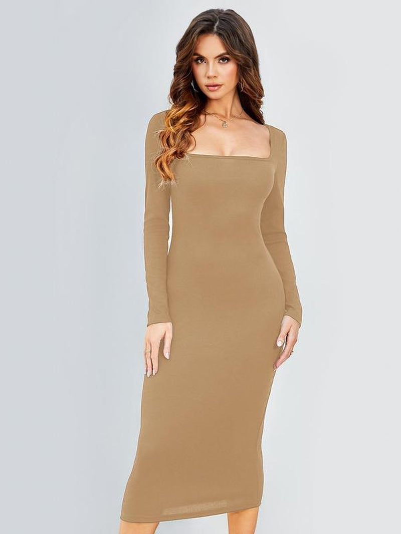 Women's Solid Color Long Sleeve Square Neck Bodycon Dress