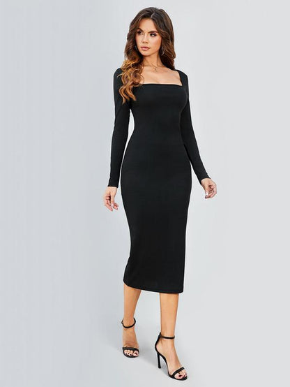 Women's Solid Color Long Sleeve Square Neck Bodycon Dress