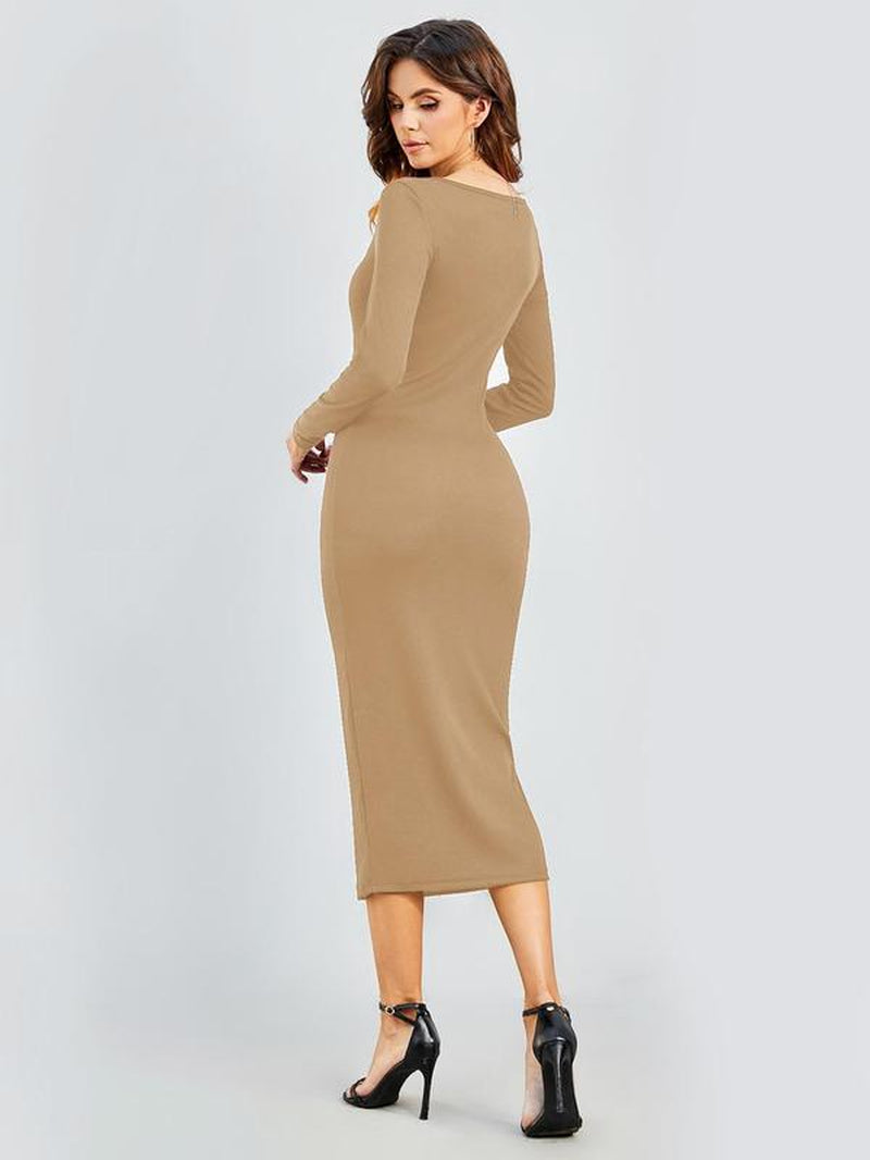 Women's Solid Color Long Sleeve Square Neck Bodycon Dress