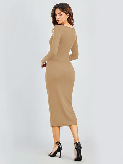 Women's Solid Color Long Sleeve Square Neck Bodycon Dress