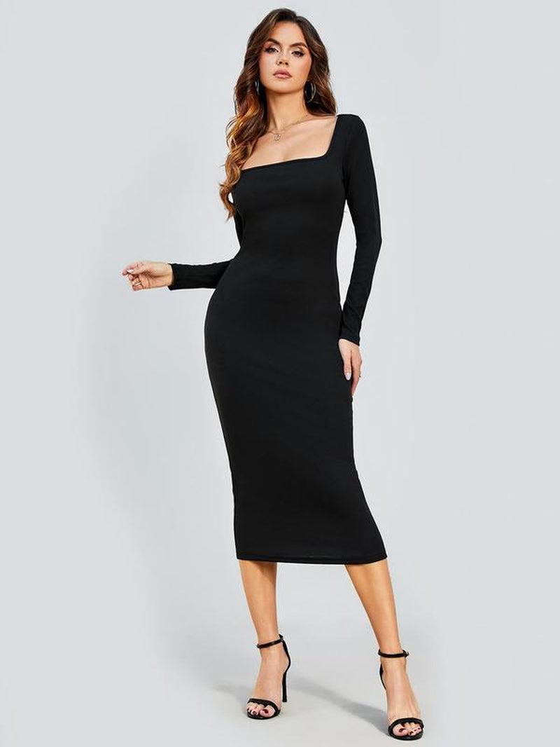 Women's Solid Color Long Sleeve Square Neck Bodycon Dress