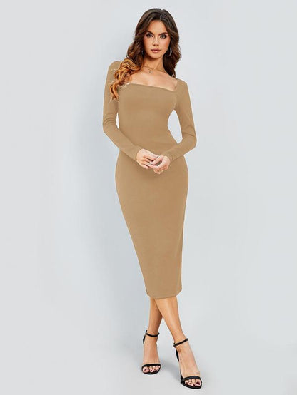 Women's Solid Color Long Sleeve Square Neck Bodycon Dress