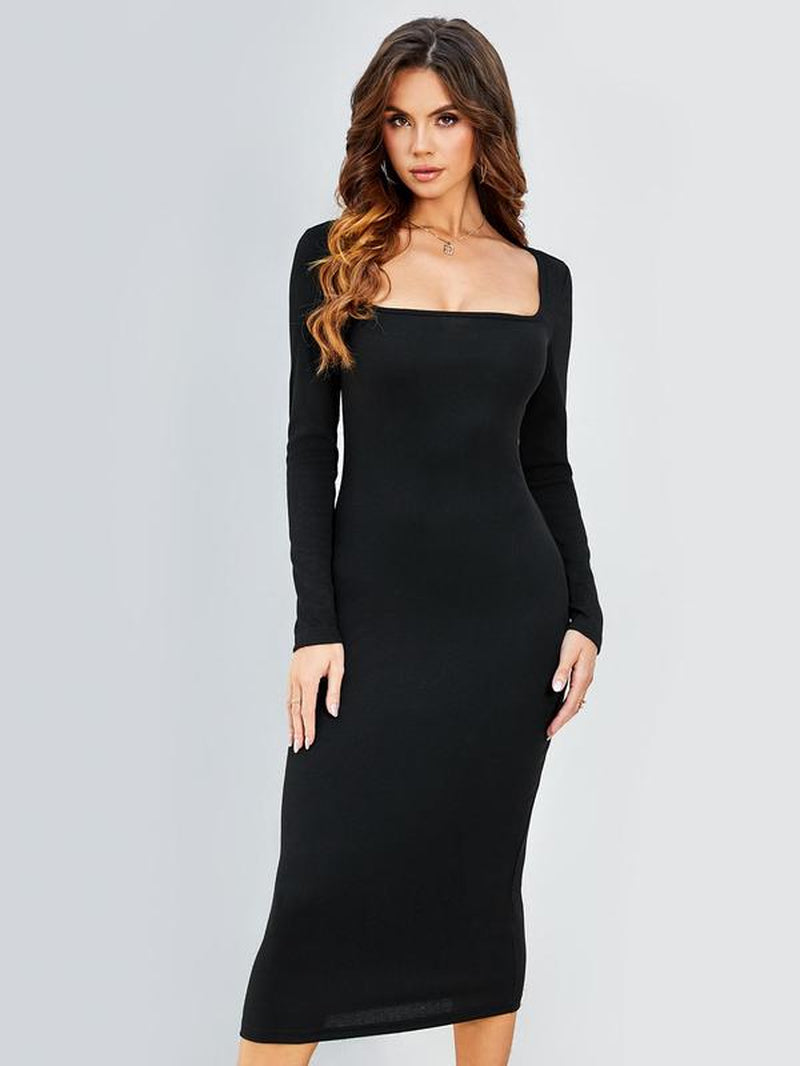 Women's Solid Color Long Sleeve Square Neck Bodycon Dress