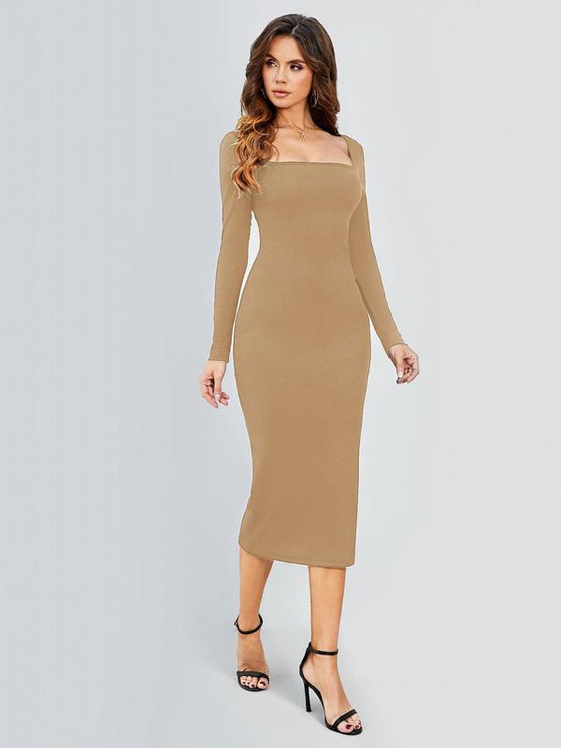 Women's Solid Color Long Sleeve Square Neck Bodycon Dress