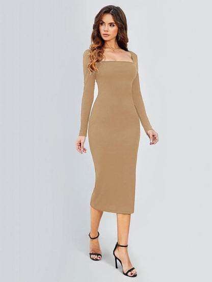 Women's Solid Color Long Sleeve Square Neck Bodycon Dress