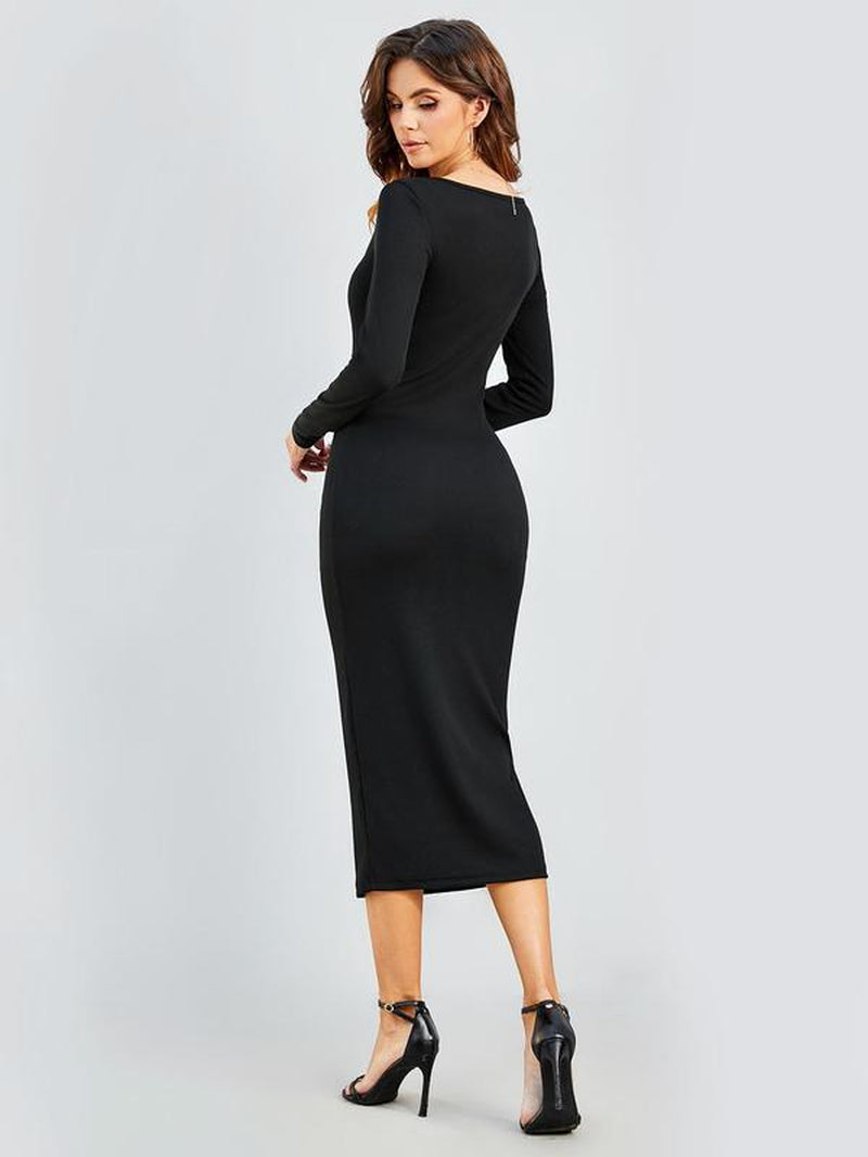 Women's Solid Color Long Sleeve Square Neck Bodycon Dress